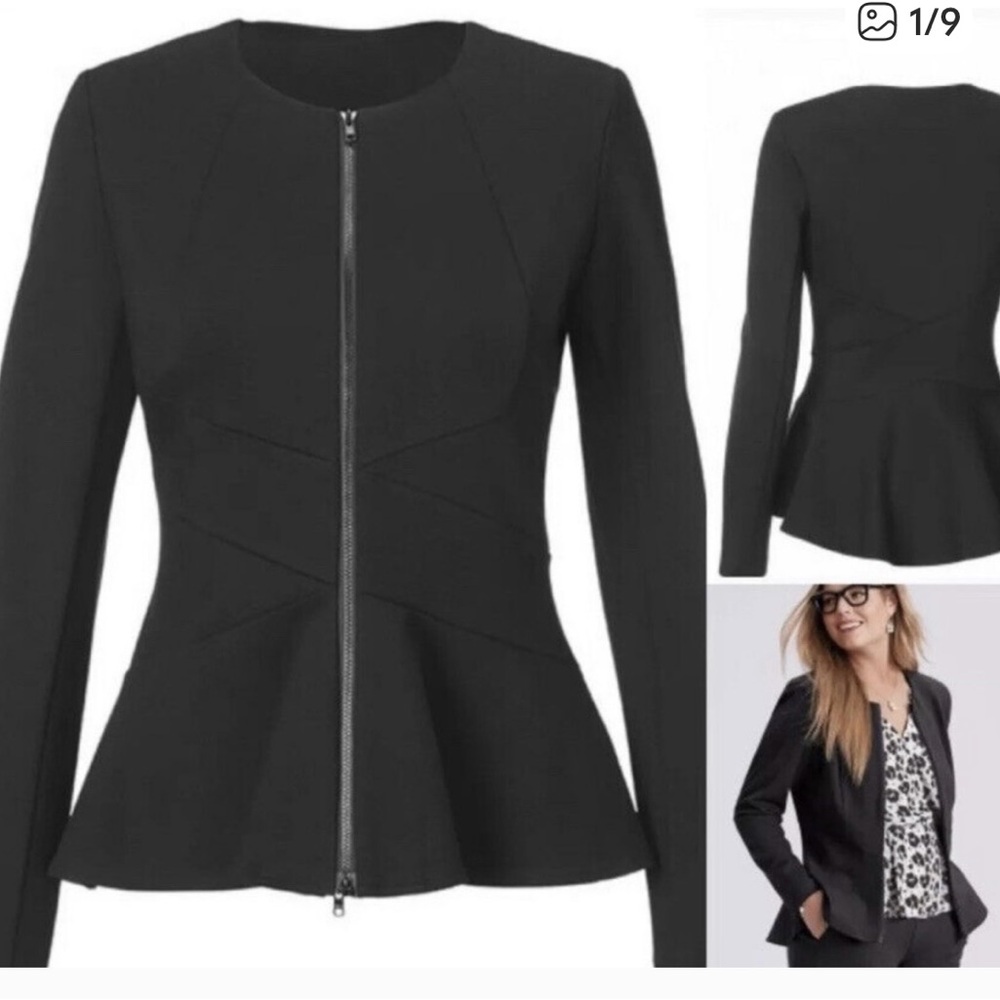 CAbi Black Crisscross Zip Front Peplum Blazer Size Large Style #5850 Used